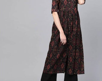 Grande taille pour femmes - Kurta kurta en coton imprimé noir et bordeaux pour femme - Robe ethnique indienne - 2XL 3XL 4XL Robe kurta évasée en coton