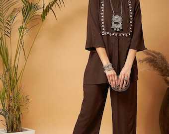 Tenue indo-occidentale - Tenue de soirée indienne pour femme - Kurti trapèze brodé marron avec pantalon - Ensembles Kurti - Hauts décontractés avec pantalon
