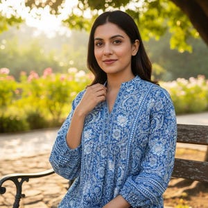 Blue Floral Printed Empire Top - Short Kurta For Women - Summer Kurtis - Tops Tees T-shirt - Plus Size Boho Tops - Pure Cotton Tunic Tops image 3