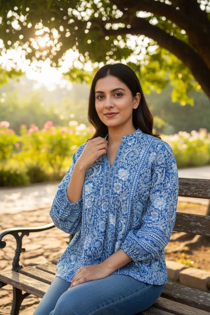 Blue Floral Printed Empire Top - Short Kurta For Women - Summer Kurtis - Tops Tees T-shirt - Plus Size Boho Tops - Pure Cotton Tunic Tops image 3