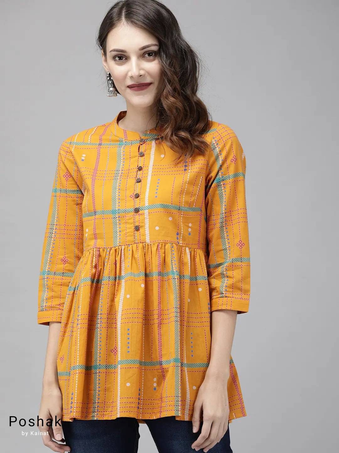 Buy Yellow Solid Gathered Short Kurta - Jaipur Kurti