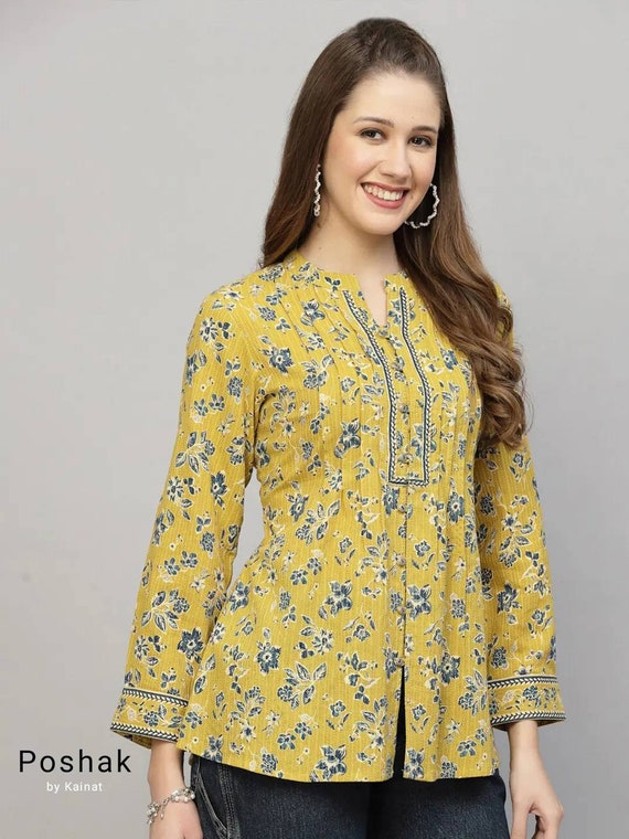 Pure Cotton Tunic Tops for Women Yellow & Blue Printed Empire Top