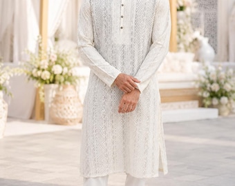 Mens White Chikankari Kurta Pajama - Cotton Kurta Pajama - Indian Festive & Wedding Wear For Men - Eid,Diwali, Festive Kurta Set For Men