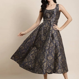 Sleevless Midi Dress For Women• Navy Blue & Golden Jacquard Printed Maxi Dress with Belt • Maxi Dress For Party • Indian Dress - Kurtis Top