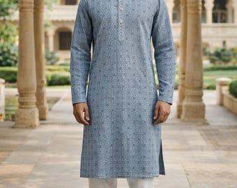 Ropa india festiva para hombre: kurta azul Chikankari de algodón puro con pijama. Ropa étnica india para hombre: conjunto Pathani Kurta.