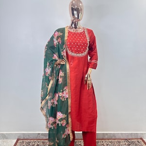 Embroidered Kurta Set - Red Embroidered Cotton Kurta Palazzo Dupatta - Indian Party/Wedding Wear For Women -Indian Guest Kurta Set Women