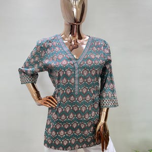 Pure Cotton Kurti For Women - White & Blue Printed A-line Cotton Kurta - Short Kurta - Plus Size Tunic Top - Tops Tees T-shirt - Ethnic Top