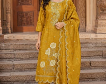 Mustard Yellow Organza Kurta Set for Women with Dupatta | Floral Embroidered Ethnic Suit | Festive Wedding Party Wear | XS-XXL Indian Kurta