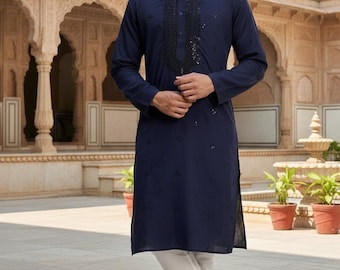 Kurta Pajama Masculino Bordado em Algodão – Kurta Pajama Indiano Feito à Mão – Traje Tradicional Indiano para Casamento Masculino – Kurta Churidar Étnico de Grife