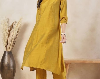 Indian Party Wear Kurta Sets -  Mustard Yellow Solid A-line Panelled Silk Kurta With Trousers -  Indian Dress For Women - Kurti With Pants