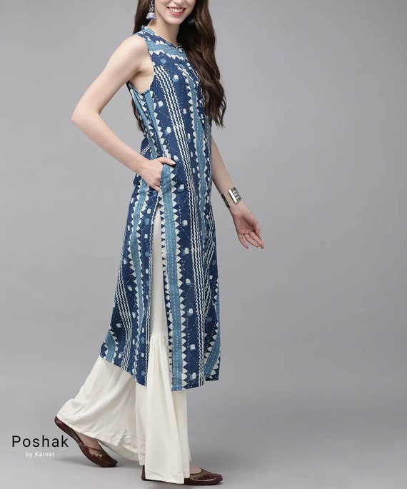 Gorgeous Navy Blue Satin Silk Printed Designer Kurtis | Silk Printed Kurti  Design | 3d-mon.com