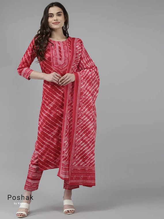 Beautifully Designer Traditional Leheriya Print Kurti With Embroidery Work  In Pink Colour On Fancy Rayon Fabric - KSM PRINTS - 4006050