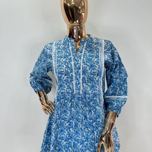 Pure Cotton Kurti For Women - White & Blue Printed Empire Cotton Kurta - Short Kurta - Plus Size Tunic Top - Tops Tees T-shirt - Ethnic Top