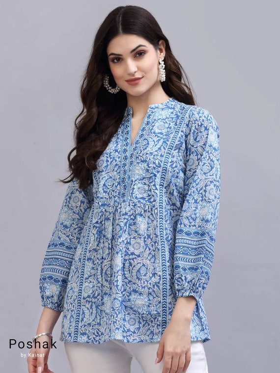 pure-cotton-tunic-tops-for-women-blue-printed-empire-top-etsy
