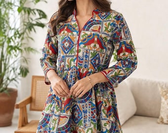 Indian Tunics For Women - Beige / Red Paisley Printed Pure Cotton Kurti - Boho Tops Tees - Short Kurta - Plus Size XXL Kurti Kurta - Tunics