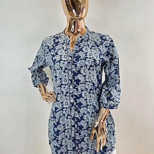 Indian Ethnic Top Women - Blue & White Pure Cotton Straight Kurta - Tops Tees T-shirt - Short Kurta Dress - Kurtis For Women - Gifts for Her