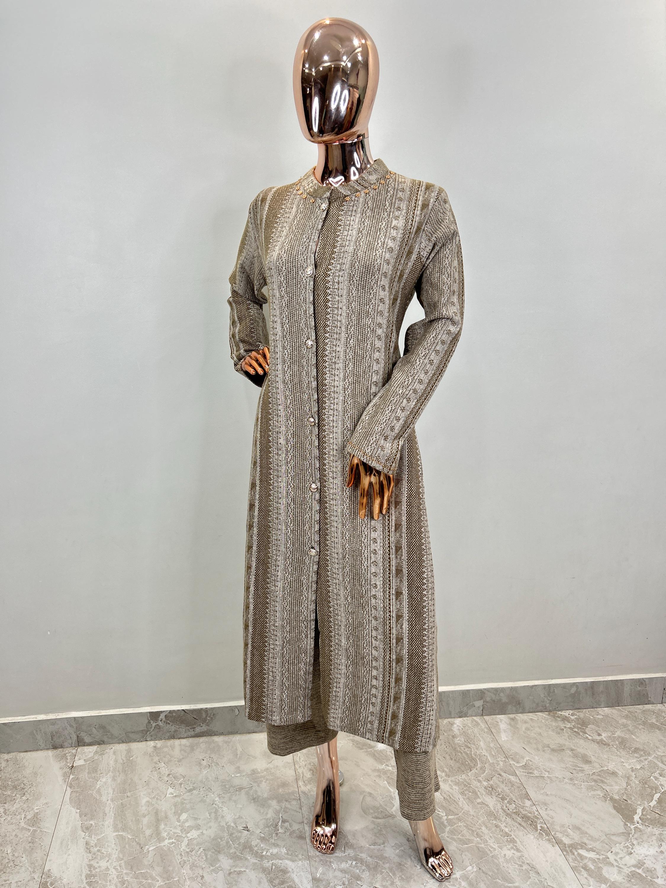 Woolen Winter Indian Dress Woollen Beige Embroidered Aline Kurta