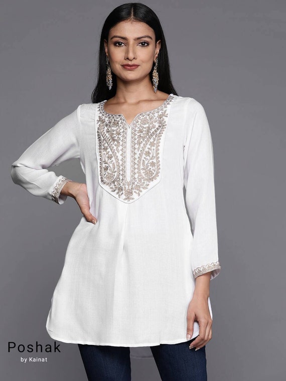 Tilla Embroidered White Woolen Suit With Stole - Kashmir Origin