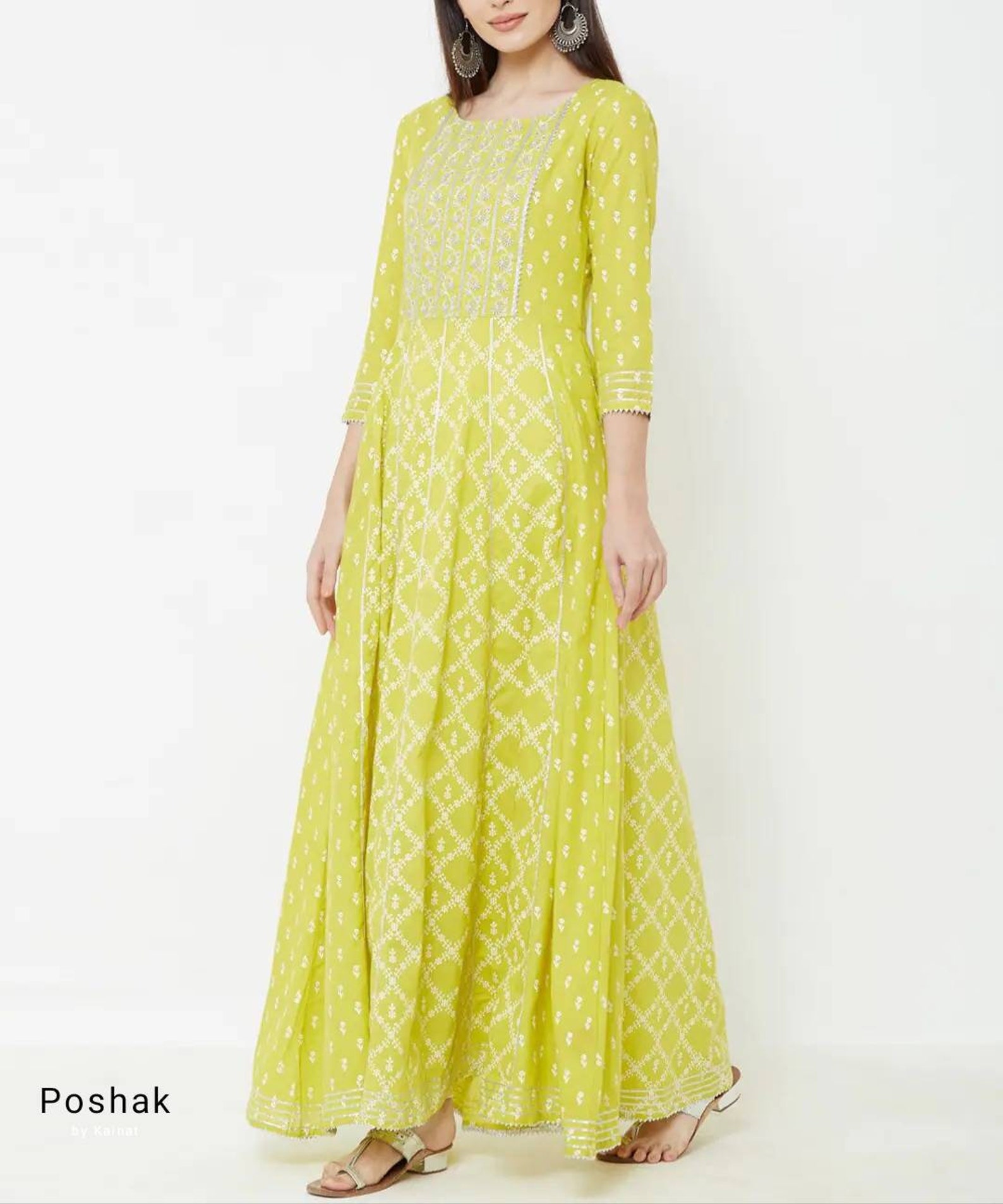 lime green cotton anarkali suit set