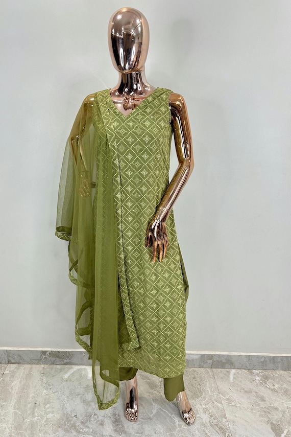 Elegante Indiase Kleding - Kwaliteit Sieraden | -Pastel Green & Green Tumbaa Kurti K047