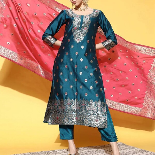 Indische Partykleidung - Teal Blue & Pink Brokat Kurta Mit Hose und Dupatta - Salwar Kameez Set - Bollywood Kleid - Kurta Hose Set - Tunikas