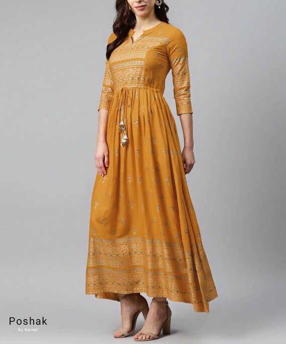 Anarkali Kurti Dress Mustard Yellow and 