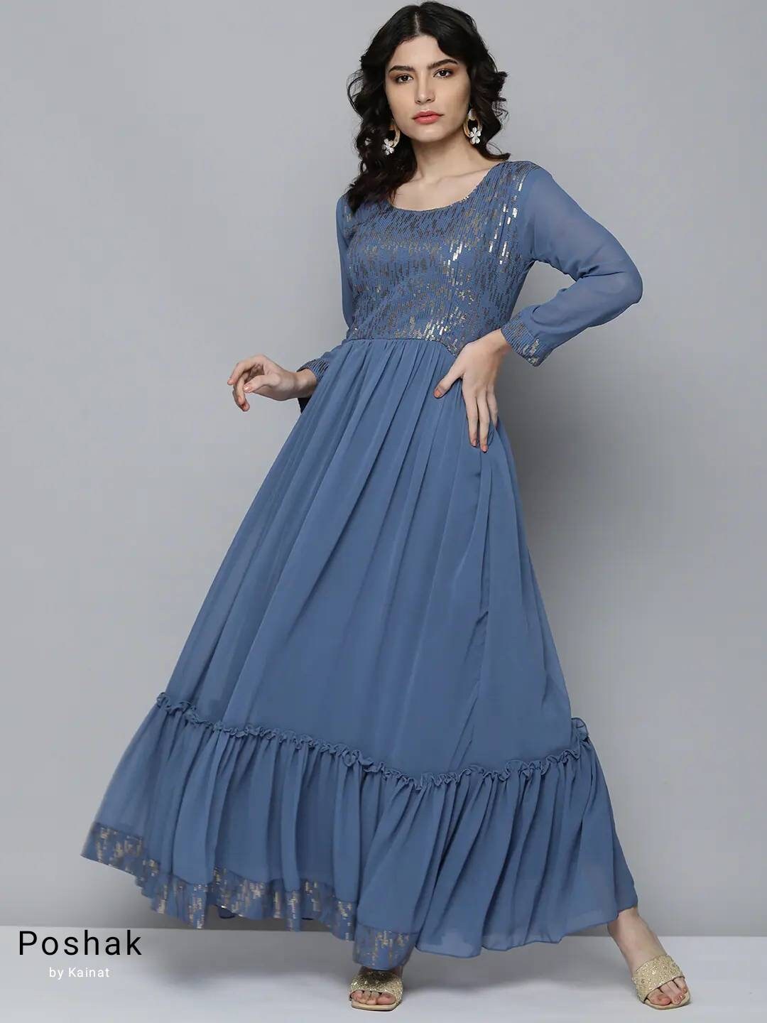 Party Wear Dress for Women Blue Sequinned Georgette Full - Etsy Hong Kong