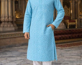 Set pigiama Kurta in cotone Chikankari fatto a mano da uomo: moda tradizionale indiana - Italia
