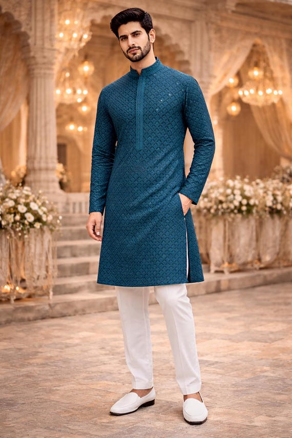 man party dress indian Indian Ethnic Wear for Men - Teal Blue Pure Cotton Embroidered Kurta Pajama  for Men - Kurta Sets for Men - Indian Festive/party Wear Men
