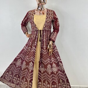 Indian Party Wear Dress For Women - Maroon & Golden Printed Jacket Style Maxi Dress - Anarkali Kurta - Indian Ethnic Dress - Long Kurti Top