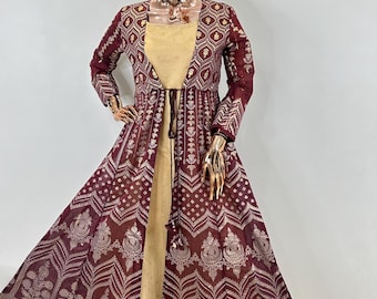 Indian Party Wear Dress For Women - Maroon & Golden Printed Jacket Style Maxi Dress - Anarkali Kurta - Indian Ethnic Dress - Long Kurti Top