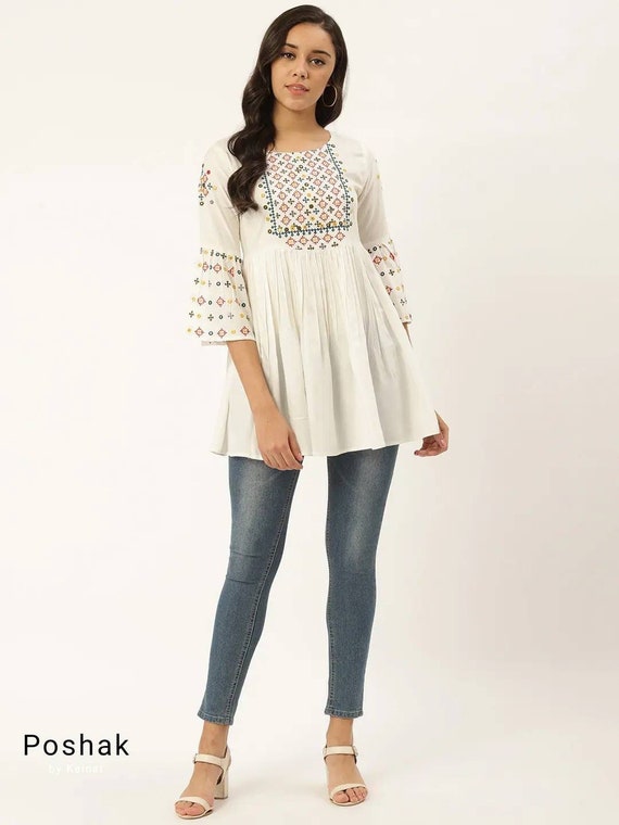 Shop Online Cotton Party Wear Kurti in Off White : 229382 -