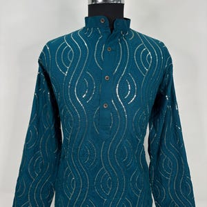 Kurta Pajama Set For Men - Pure Cotton Navy Blue Embroidered Kurta With Trousers - Men&#39;s Indian Wedding Festive Outfit - Chikankari Kurta