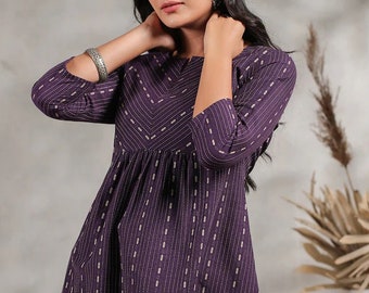 Kurtis pour femme - Coupe trapèze en coton imprimé violette - Tuniques d'été, hauts et t-shirts - Haut ethnique indien - Kurta court pour femme - Tuniques bohèmes