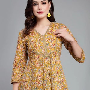 Tunics For Women - Yellow Printed Empire Style Tunic Top - Kurtis For Women - Short Kurta - Indian Ethnic Top - Summer Tops Tees T-shirt