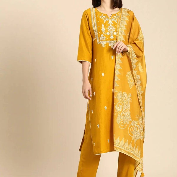 Indian Dress For Women - Mustard Yellow Yoke Design Embroidered Kurta With Palazzos & Dupatta - Kurta Trouser Set - Pakistani Suits - Tops