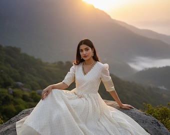 Anarkali Kurta For Women - Beige & Golden Maxi Dress - Indian Party Wear - Kurta For Women - Party Wear Dress - Bridesmaid Dress - Kurtis