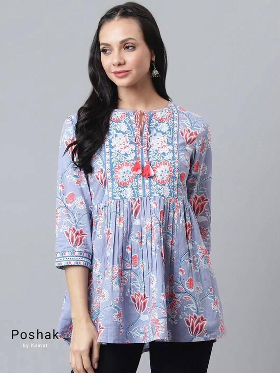 Cotton Summer Tops for Women Blue & Multicolored Tunic Top Etsy
