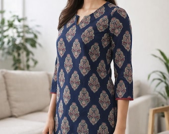 Kurtis For Women - Short Kurta Dress - Blue  Pure Cotton Printed Straight Kurta - Indian Dress -Tops & Tees - Printed Kurti- Summer Wear Top