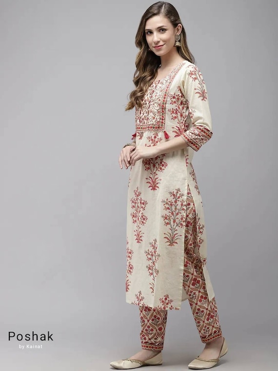 Cotton 3/4th Sleeve Straight Long Kurti with Cigarette Pants at Rs 400 in  Noida