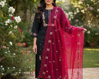 Ensemble kurta brodé de créateur - kurta en soie brodée noir avec pantalon dupatta - tenues de mariage indiennes pour femme - ensemble de costume kurta pakistanais