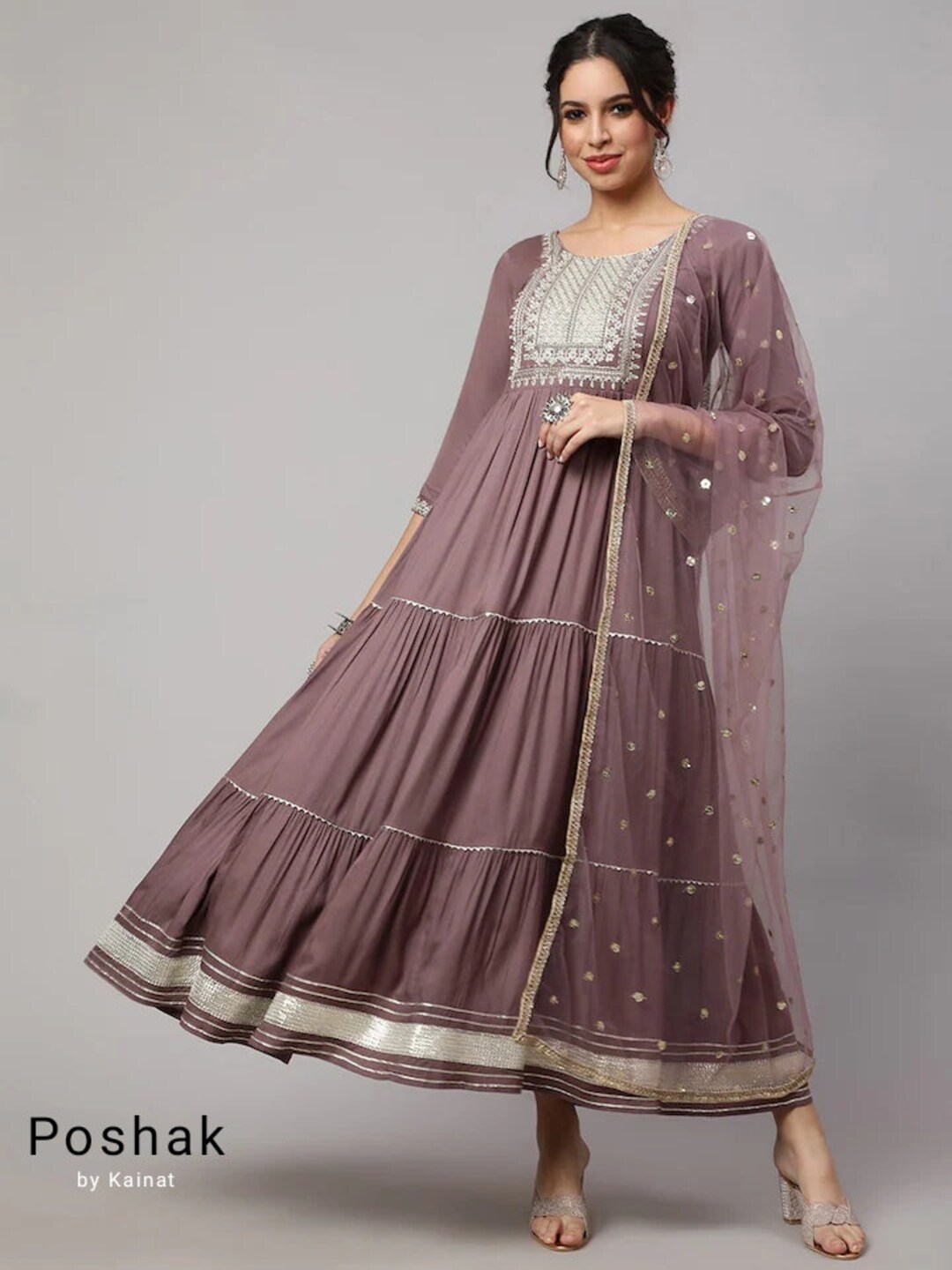 Indian Party Dress for Women Taupe Embroidered Maxi Dress With Dupatta Dresses for Women Kurta