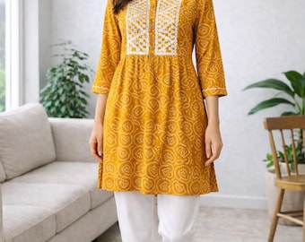 Túnicas indias para mujer - Kurti/túnica de verano con estampado de bandhani amarillo para mujer - Kurta corto - Tops de verano, camisetas, blusas y kurtis para mujer