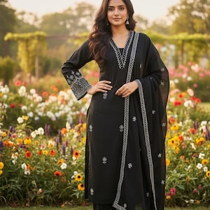black dress set for women Kurta - Cotton Embroidered Black & White Kurta With Trousers and Dupatta - Indian Ethnic for Women - Salwar Suit Swatch:#CC021A Ecqkame Women's Wedding Guest Style:02480 Size medium measures 53.5