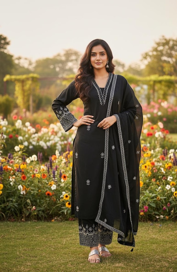 cotton dress sets for women Black Kurta Set for Women - Cotton Embroidered Black & White Kurta With  Trousers and Dupatta - Indian Ethnic Dress for Women - Salwar Suit