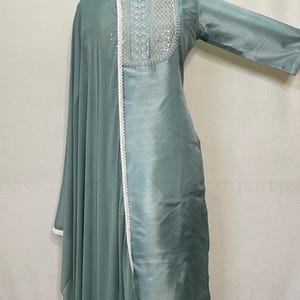 Indian Party Wear Dress For Women - Kurta Sets For Women -Sea Green Embroidered Silk Straight Kurta With Trousers & Dupatta - Salwar Kameez