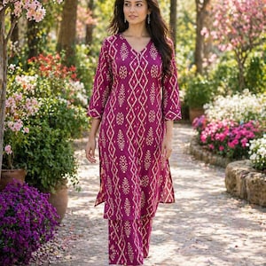 Magenta Pure Cotton Co-ord Set for Women | Ikat Printed Kurta Pant Set | Summer Ethnic Outfit XS-6XL | Plus Size Indian Kurti Set | Kurtis