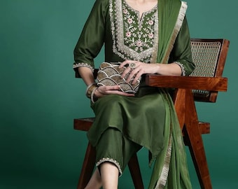 Ensemble kurta brodé - kurta palazzo dupatta en soie brodée verte - tenues de soirée/mariage indiennes pour femme - ensemble kurta en soie - costume pakistanais