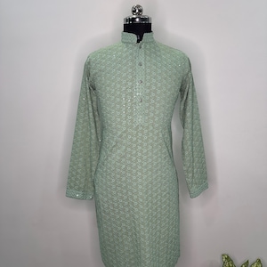 Men&#39;s Indian Ethnic Wear - Kurta with Pyjama For Men -  Chikankari Pure Cotton Green Kurta Sets For Men - Indian Festive/Party Wear For Men