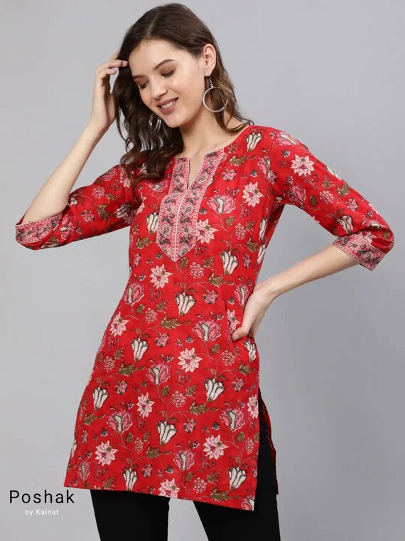 Summer Tops for Women Off-white & Red Short Kurti for Women Indian Tunics  Kurtis for Women Indian Ethnic Tops Kurta Top for Women 